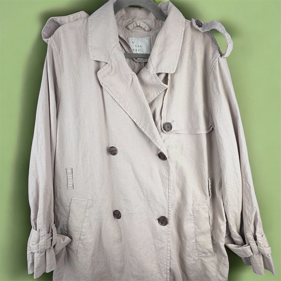 A New Day Women's Cream Double-Breasted Linen Trench Coat Large Gorpcore - Picture 3 of 14